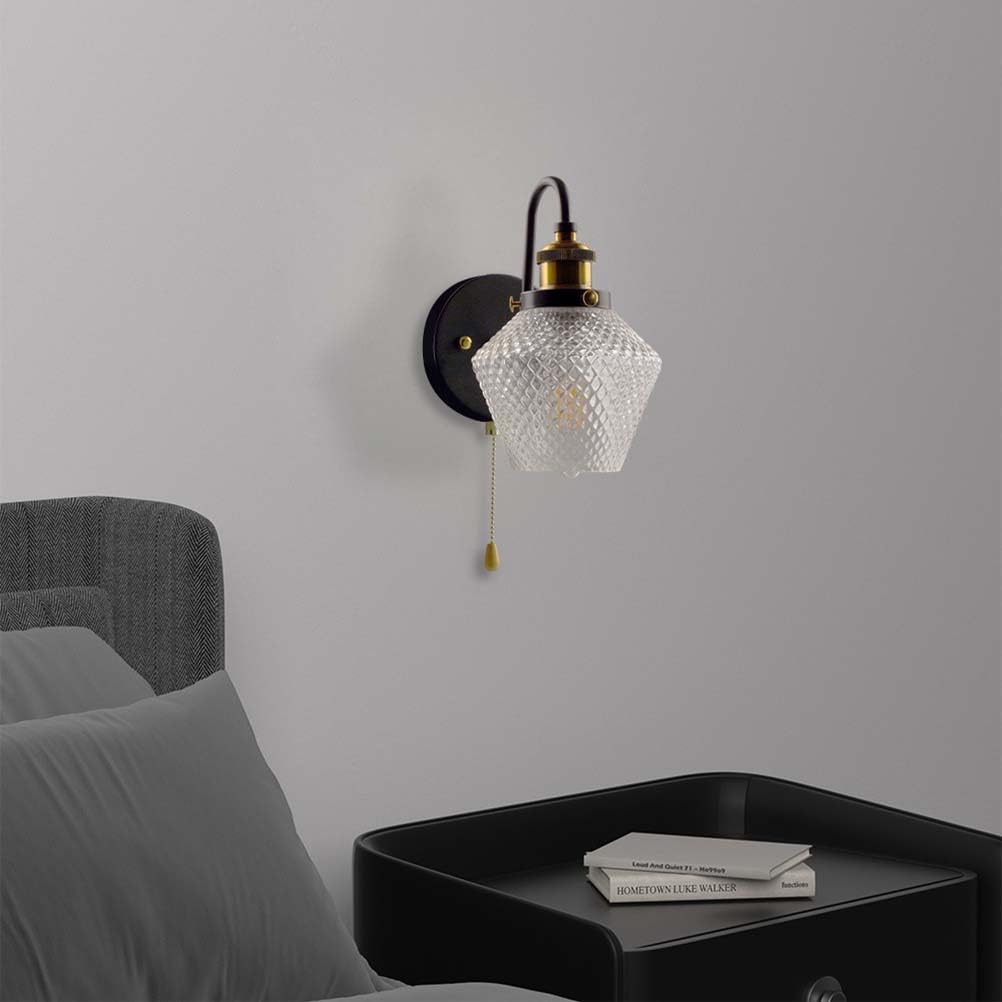 E27 Retro Wandlampe Vintage Wandleuchte Innen Schalter | Industrial mit Glas Lampenschirm Schwarz Metall Wandbeleuchtung Bettleuchte Wand Licht Art Deco für Wohnzimmer Schlafzimmer