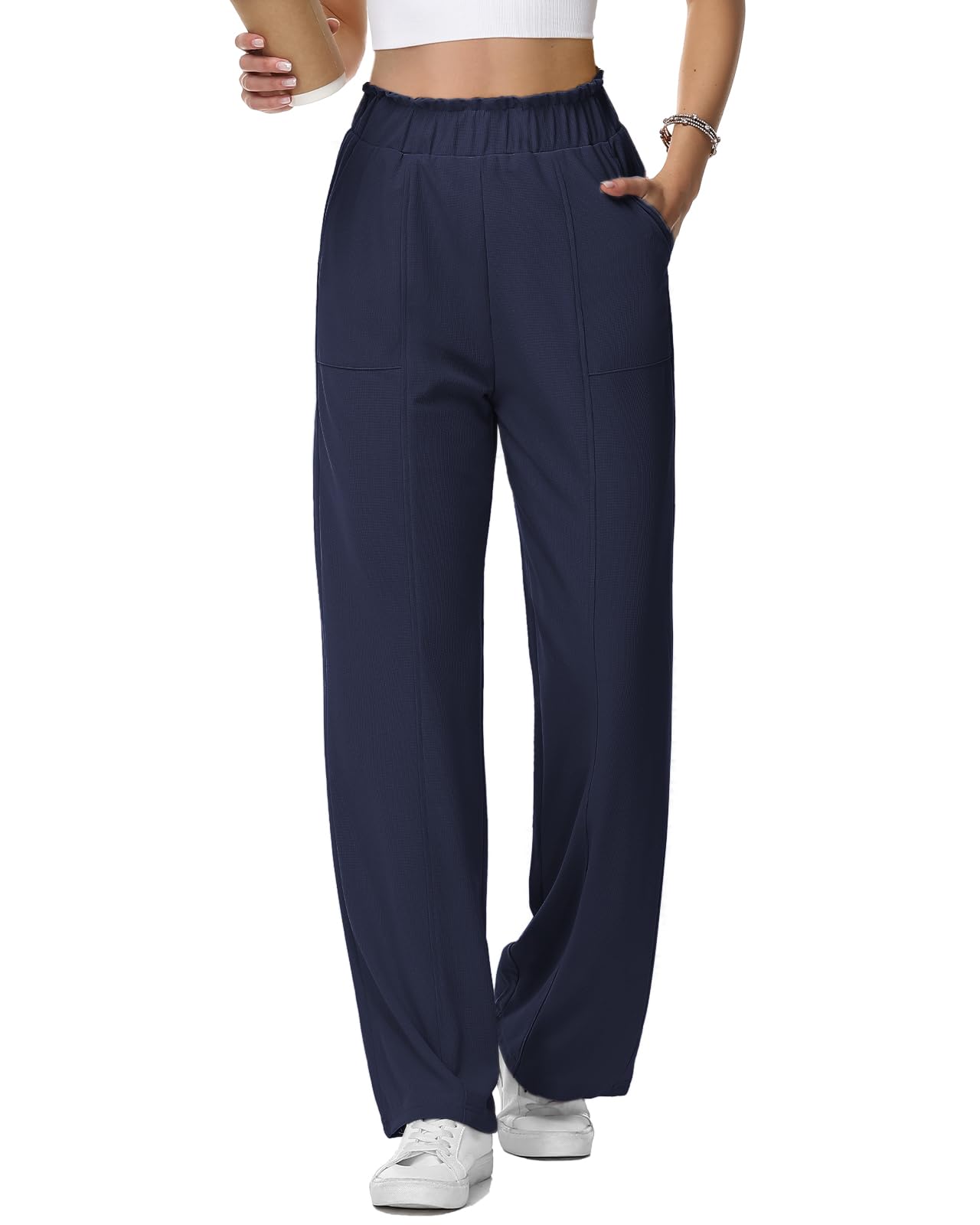 HMIYA Weite Hosen Damen-Waffel 2026 Neu Lässig Stoffhose Hohe Taille Leichte Palazzohose mit Tasche