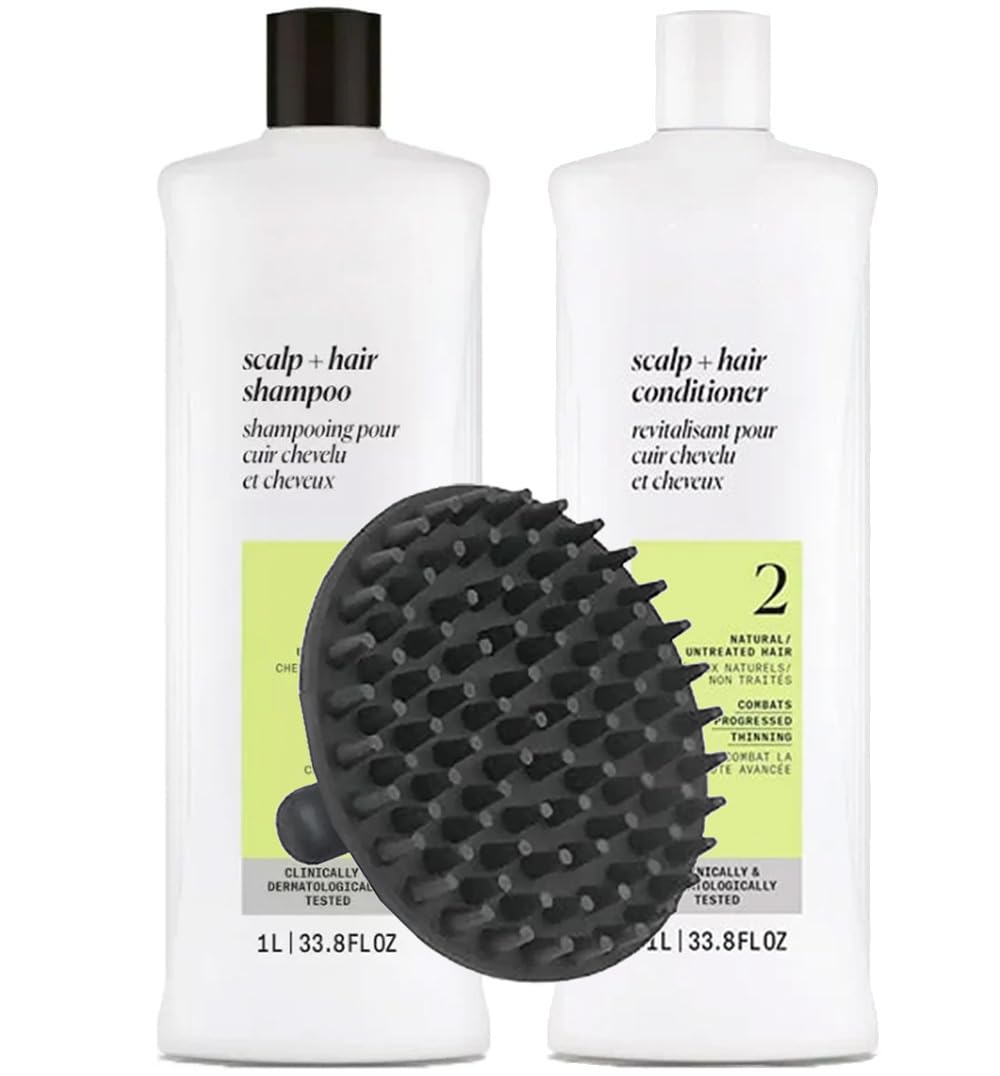 System 2 Cleanser Shampoo & Scalp Therapy Conditioner 1 Liter Duo Set for Noticeably Thinning Hair + M Hair Designs Scalp Brush – Professional Thickening Hair System