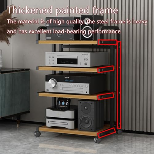 4-poziomowy stojak na audio HiFi z uniwersalnymi kółkami, stylowy czarno-drewniany design, oszczędzający miejsce, wiele półek, na gramofony i sprzęt HiFi, idealny dla audiofilów