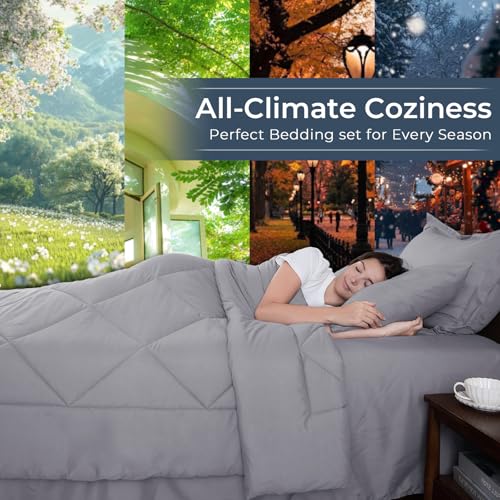HEVUMYI Light Grey King Comforter Set - 7-Piece All Season Bed in a Bag King, Ultra Soft Bedding Set with Comforter, Flat Sheet, Fitted Sheet, Pillowcases, Pillow Shams, Light Gray