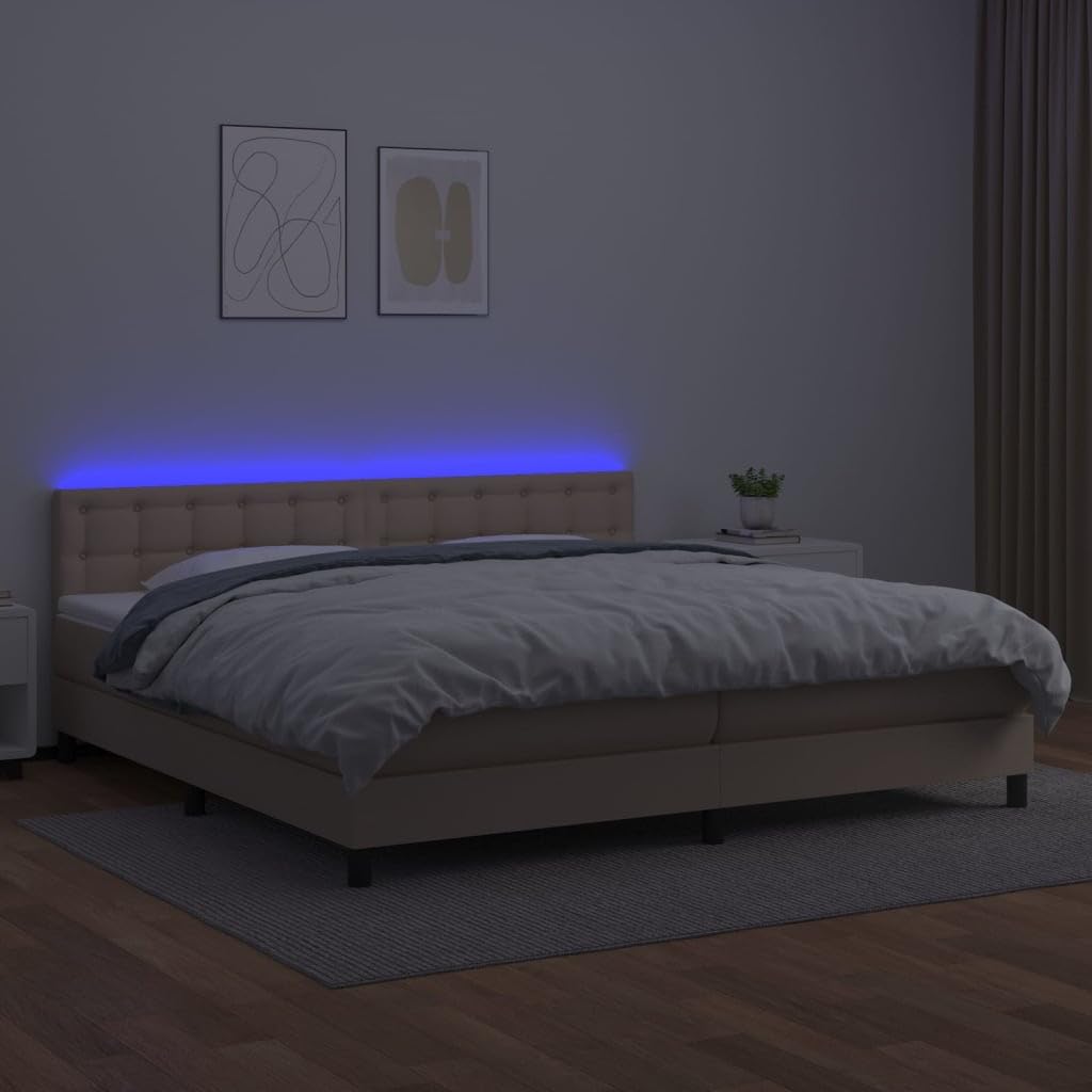 Cama con somier con colchón y LED marrón capuchino 200 x 200 cm, cama tapizada de piel sintética con cabecero regulable en altura, colchón de muelles ensacados, tiras LED USB, dormitorio