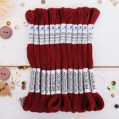 Image of 12 Skeins ThreadArt Cotton Embroidery Floss, Burgundy | Long fiber cotton embroidery floss for cross stitch, hand embroidery and bracelets. Six-strand floss separates easily.