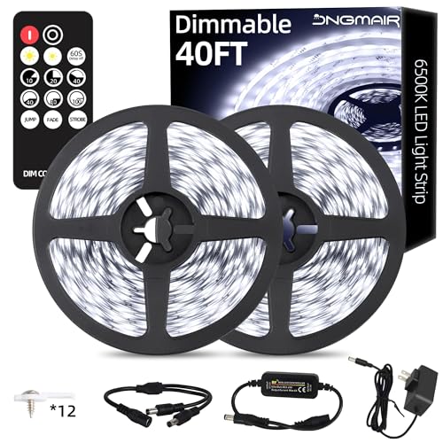 Image of 40ft LED Strip Lights with Remote, 6500K Daylight White Dimmable Tape Lights, 12V 720 LEDs 2835 Strong Adhesive Rope Lights for Cabinet Kitchen Ceiling Closet Vanity Mirror Stairway Basement