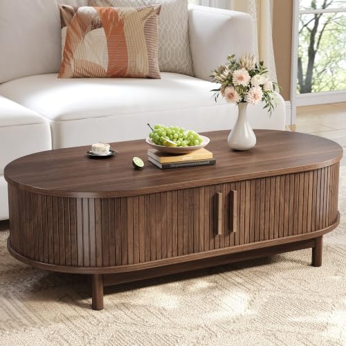 Image of oneinmil Oval Coffee Table, Living Room Table with Sliding Hidden Storage, Rounded Edges –for Living Rooms, Home Offices, Small Spaces, Walnut 120x60x40cm