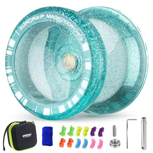 MAGICYOYO K3 Aurora-p Crystal Green Glitter Clear, Pro Finger Spin Trick Yoyo for Kids 8-12, Responsive Yo yo for Beginner | Unresponsive Yo-yo Bearing with 12 Strings +Square Ball Bag(Glitter Green)