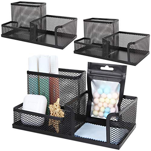 3 Pack Pencil Holder for Desk Mesh Pen Holder Desktop Office Supplies Caddy Shallow Desk Organizer Compartments for Office, Home, School, Classroom, 8 x 4 x 3.7 inch?Black?