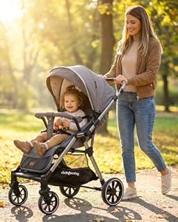 RichBaby Dash Pushchair - from Birth to 3 Years (15kg), Lightweight, Easy One-Hand Fold, Compact Stroller, Large Extendable Hood - Grey