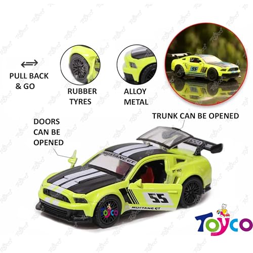 Image of toyco Sports GT Die-Cast Alloy Metal Car for Kids | Openable Doors, Smooth Edege, Shiny Body & Pullback Action | Realistic Look | 1:36 Scale | Neon Green Toy Car for Boys & Girls (Pack of 1)