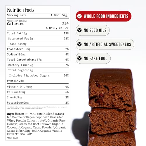Prima Ancestral Protein Bar | 21g Grass Fed Whey + Collagen | Beef Tallow, Raw Honey | Seed Oil Free | Cacao - 7 Pack - Image 3