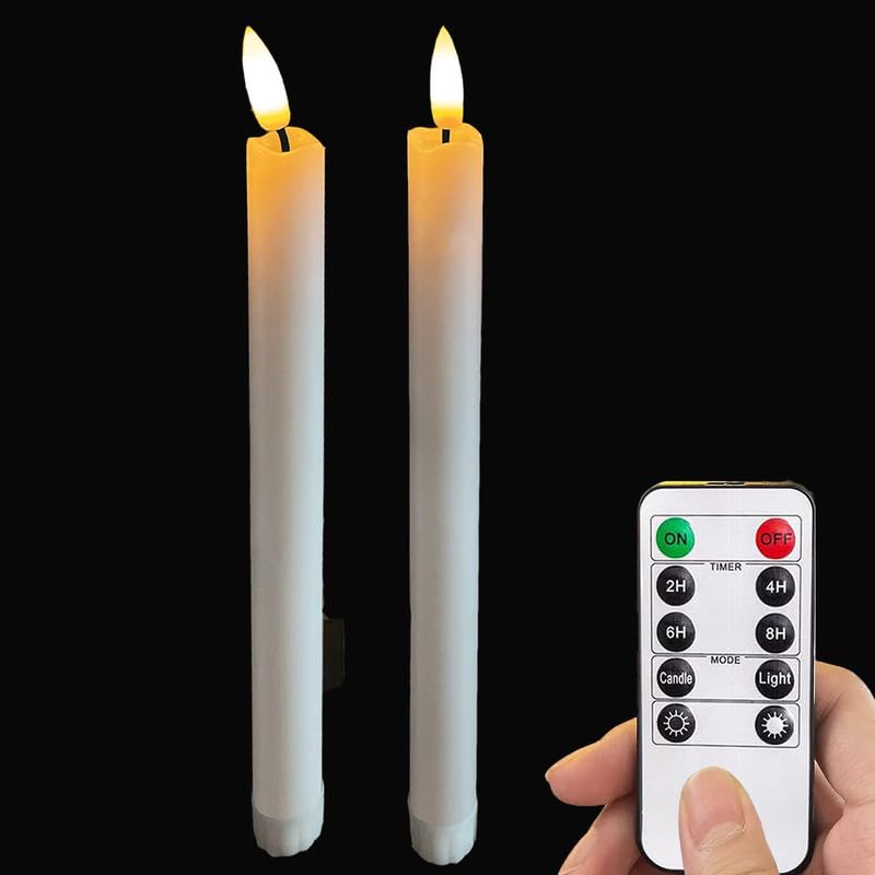 devmit mall led battery operated flameless taper candles light with remote and timer electric fake window candle flickering like real wax floating candle stick (white)