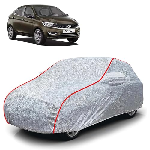 Image of Sulfar 100% Waterproof Car Body Cover Compatible with Mirror for Tata Tigor (Triple Stitched, Full Bottom Elastic, Magic Silver with Red Piping)