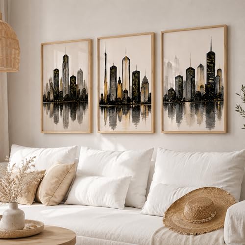Image of TheMakerly Set of 3 Modern City Skyline Wall Art Paintings for Living Room | Luxury Urban Cityscape Wall Decor | Framed Wall Paintings for Bedroom, Office, Hall & Home Decoration (13x19 Inches)