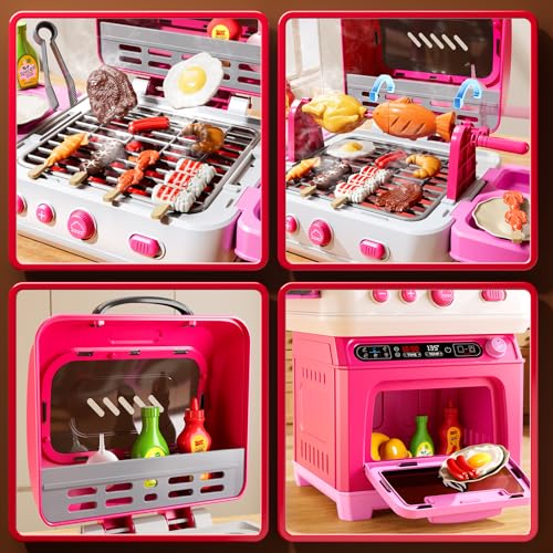 Image of Kids BBQ Grill Playset Toy, 2-Layer Play Kitchen Toddlers Toys with Oven and Smoke, Cooking Toys for Kids Ages 4-8, Light and Sound, Barbecue Outdoor Grill Play Gift Toy for Toddler Girls 3-5