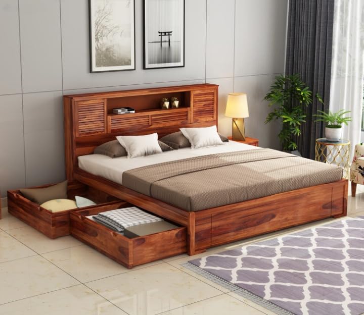 Kunjal Furniture Solid Sheesham Wood Bed with Headboard & Box Storage - Handcrafted Wooden Bed for Bedroom - Ideal for Home (Bohemian, King)
