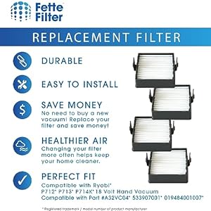 Fette Filter - A32VC04 Filter Replacement Compatible with Ryobi P712 P713 P714K 18V Hand Vacuum Replaces Part A32VC04 533907001 019484001007 - Pack of 4 Fette Filter A32VC04 Filter Replacement Compatible with Ryobi P712 P713 P714K 18V Hand Vacuum Replaces Part A32VC04 533907001 019484001007 Pack of 4
