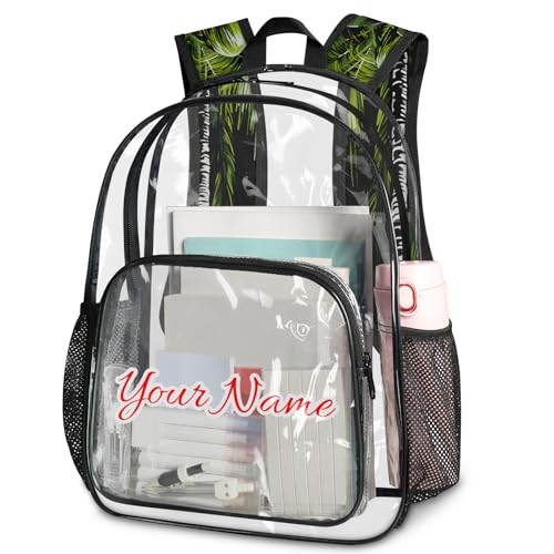 Personalized Small Clear Backpack Stadium Approved Heavy Duty PVC Plastic Custom Transparent Backpacks See Through Bag with Name, Tropical Plants Beach Palm Trees
