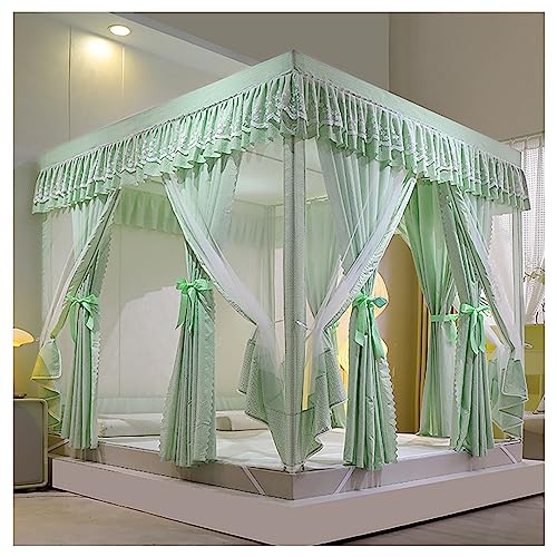 Genérico Mosquitera para Cama con Marco de Dosel, 4 Esquinas, Postes y Cortina, Elegante, Color Verde, tamaño Individual.