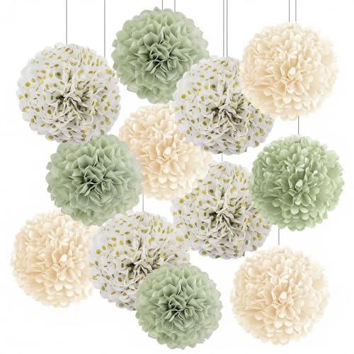 12 Stück Seidenpapier Pompons Salbeigrün Beige Hängende Papier Pompon Papierblumenkugeln Papier Pom Poms Creme Blumen Ball Dekorpapier für Geburtstag Hochzeit Babyparty Gartenparty Deko