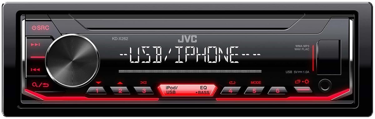 JVC KD-X262 USB Car Radio with RDS (High Performance Tuner, MP3, WMA, FLAC, AUX Input, Bass Boost, 4x50W, Red) Black