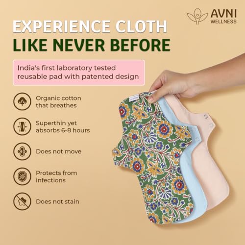 Image of Avni Lush Reusable Cloth Sanitary Pads for Women Regular size | 4 pads | Superabsorbent Heavy Flow Sanitary Pads | Organic Cotton Sanitary Pad | Antimicrobial Laboratory Tested, Chemical-Free | Patented Design | Lasts 3 years | Full cycle pack of 4 with Cloth Storage Pouch | 240 mm