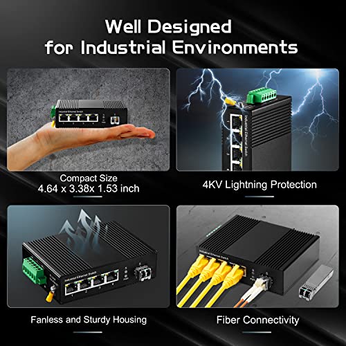 Image of 5 Port Gigabit PoE Industrial Switch, IEEE802.3af /at Ethernet, 1 SFP Port with 20km LC Module, IP40 Aluminum Alloy -40~75C(-40~185F), Din Rail and Wall Mount Kit, with 60W Power Supply