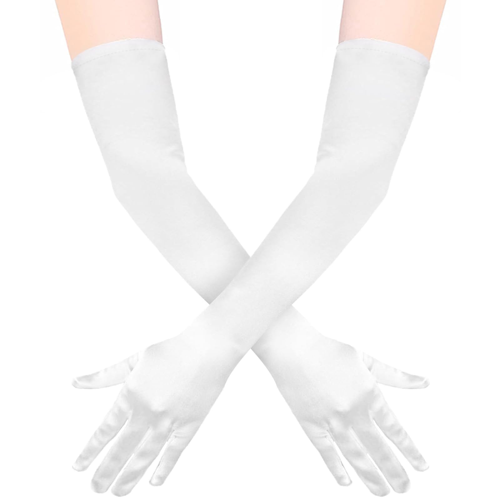 Long Gloves for Women, Black White Red Satin Glove Carnival Kostüm Fancy Evening Dress Elbow Length Opera Gloves 1920s Costume,for Adult Witches Carnival Party Wedding Bridal Accessories (White)