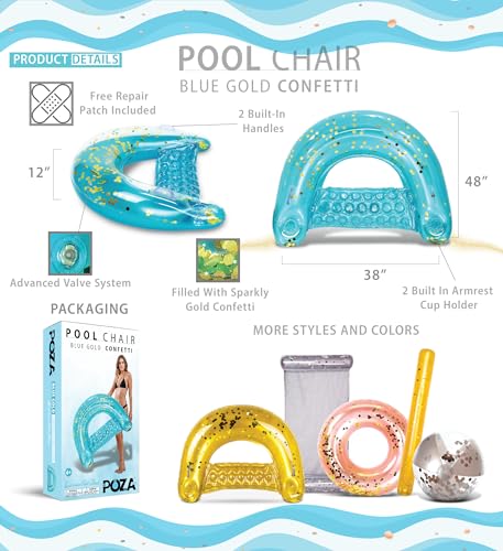 Image of POZA Inflatable Pool Float Chair - Luxurious Lounger Filled with Sparkle Confetti, 2 Built in Cup Holders & Handles, Water Floating Chair for Beach, Lake & Swimming Pool - 48 x 38 Inch