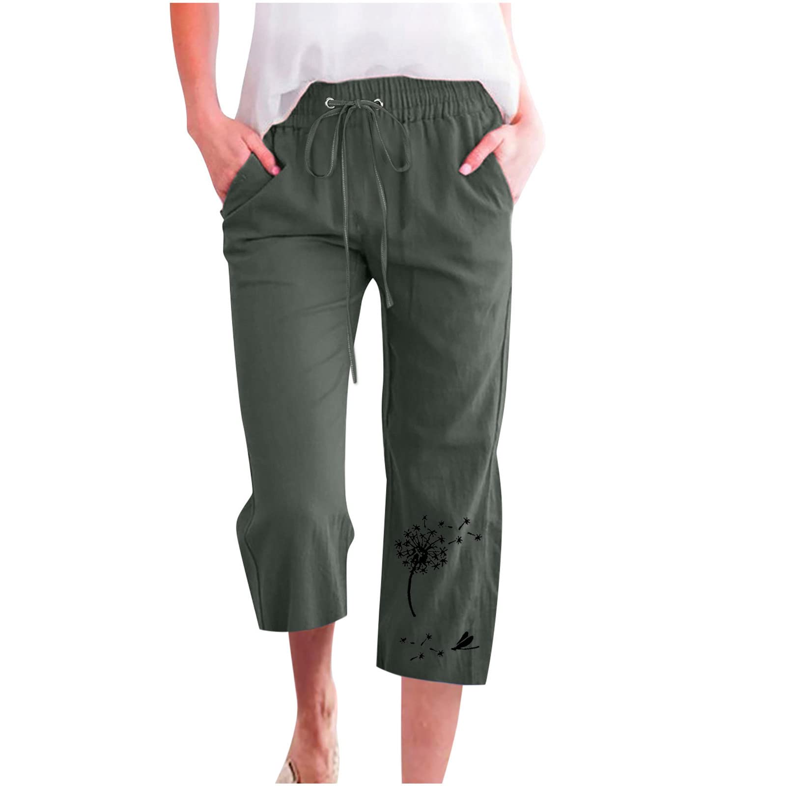 Ceboyel Women Linen Summer Pants Dandelion Pattern Capri Pants Drawstring Cropped Pants High Waist Beach Trouser 2023