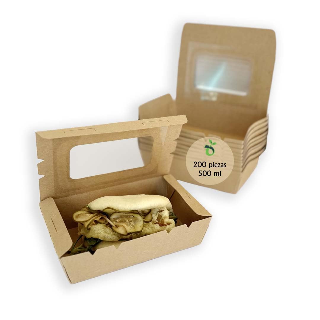 Lunchbox de Papel Kraft con Ventana Transparente y Tapa 200 Unidades 500 ml | Caja desechable de cartón Kraft con Ventana, Ideal para Comida para Llevar, ensaladas, postres y Snacks