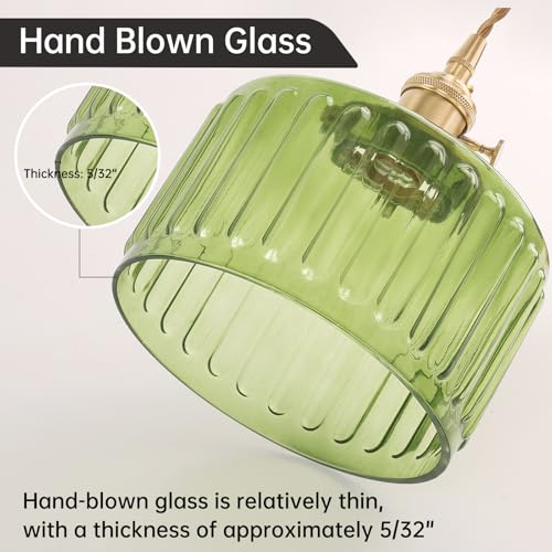 Image of Shenmoyl Plug in Pendant Light Hanging Light Fixtures with Plugin Cord On /Off Switch,Green Striped Glass Lampshade Brass Pendant Light