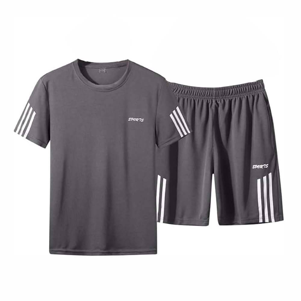 Men 2 Piece Outfits Sports Suit Men's Summer Casual Solid Color Round Neck Short-Sleeved T-Shirt & Shorts Set Short Sleeve And Shorts Comfy Running Jogging Athletic Sports Set For Men