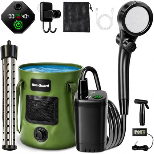 Portable Shower for Camping 6000mAh Rechargeable Camp Shower Pump with Immersion Water Heater 6.6 Gal Foldable Bucket 4 Spray Modes Outdoor Camping Shower Kit for Travel Pet Bath Car Washing