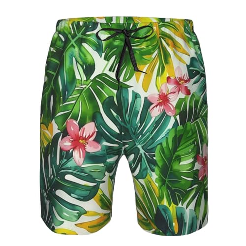Tropical Leaves and Flowers Watercolor White Green Men's Quick Dry Swim Shorts, Mesh Lined Beach Trunks with Pockets