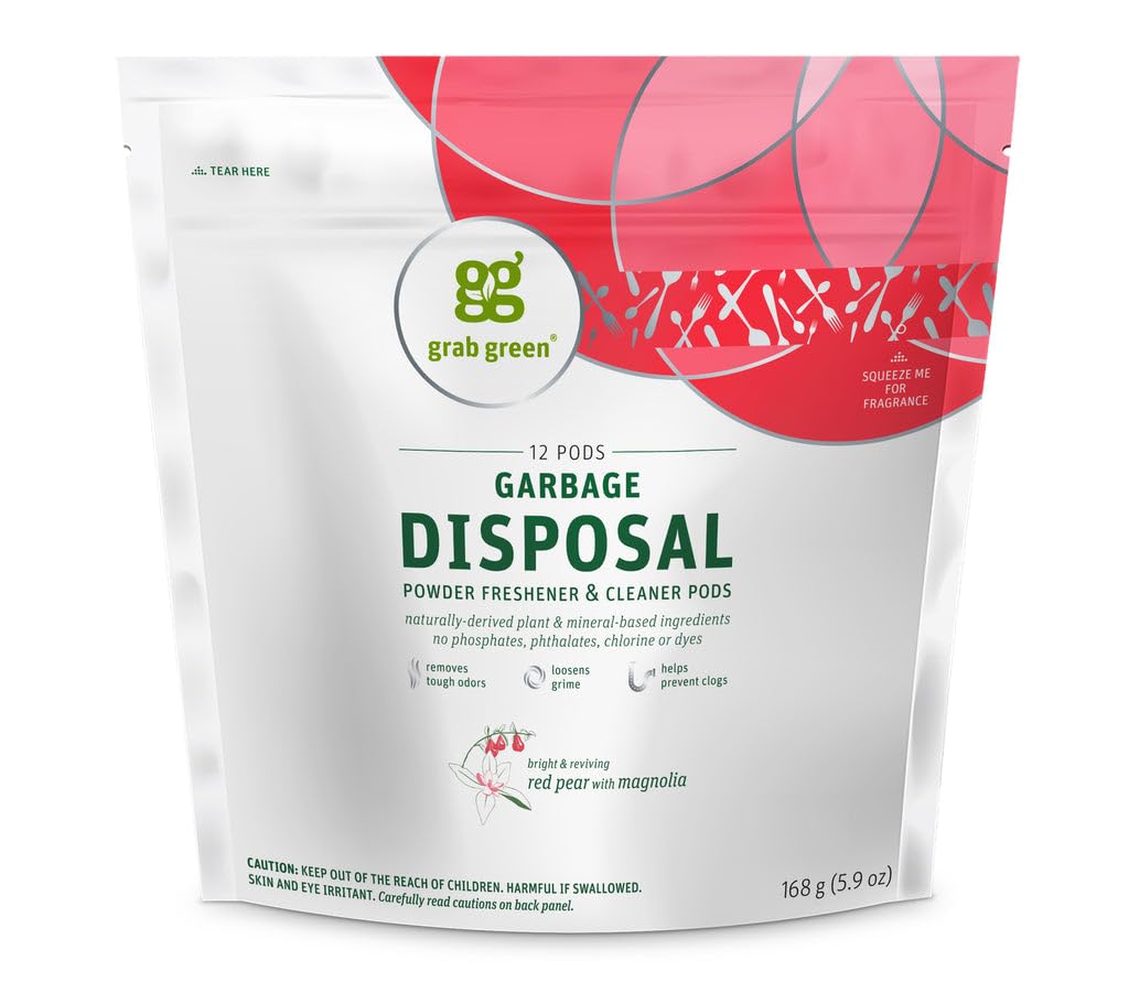Grab Green Natural Garbage Disposal Cleaner, Deoderizer & Freshener Pods, Red Pear + Magnoliea€”With Essential Oils, 12 Pods, Plant & Mineral-Based Ingredients