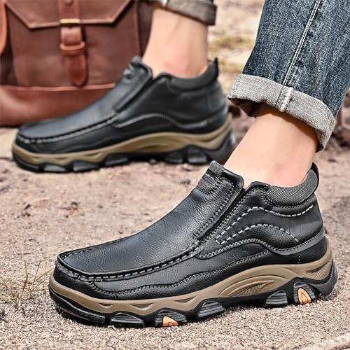 Image of MOSTELO Mens Slip On Casual Loafers Classic Outdoor Leather Walking Hiking Shoes Comfortable for Work Office Dress Outdoor High Top