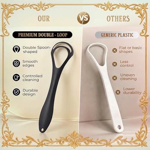 Image of MasterMedi Black Tongue Scraper with Cases (Spoon Shape, 2 Pack), Tongue Scrubber for Bad Breath Treatment, Easy to Use Tongue Scraper for Adults, Tongue Cleaner for Oral Care