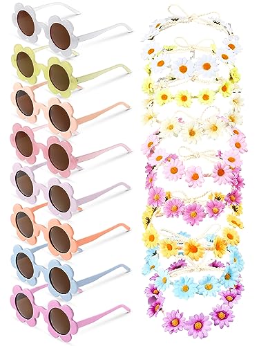 Kanayu 16 Pcs Flower Sunglasses and Headbands Set, Daisy Flower Crown Costume Set Colorful 60s 70s Party Gifts Party Favors