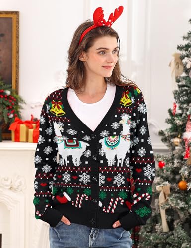 Image of Goodstoworld Women Ugly Christmas Cardigan Sweater Long Sleeve Button Down Cozy V Neck Sweater Soft Knitwear