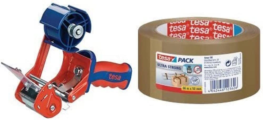Tesa Packband Strong + Handabroller Set – 66 M X 50 Mm, Braun, Geräuscharmes Abrollen