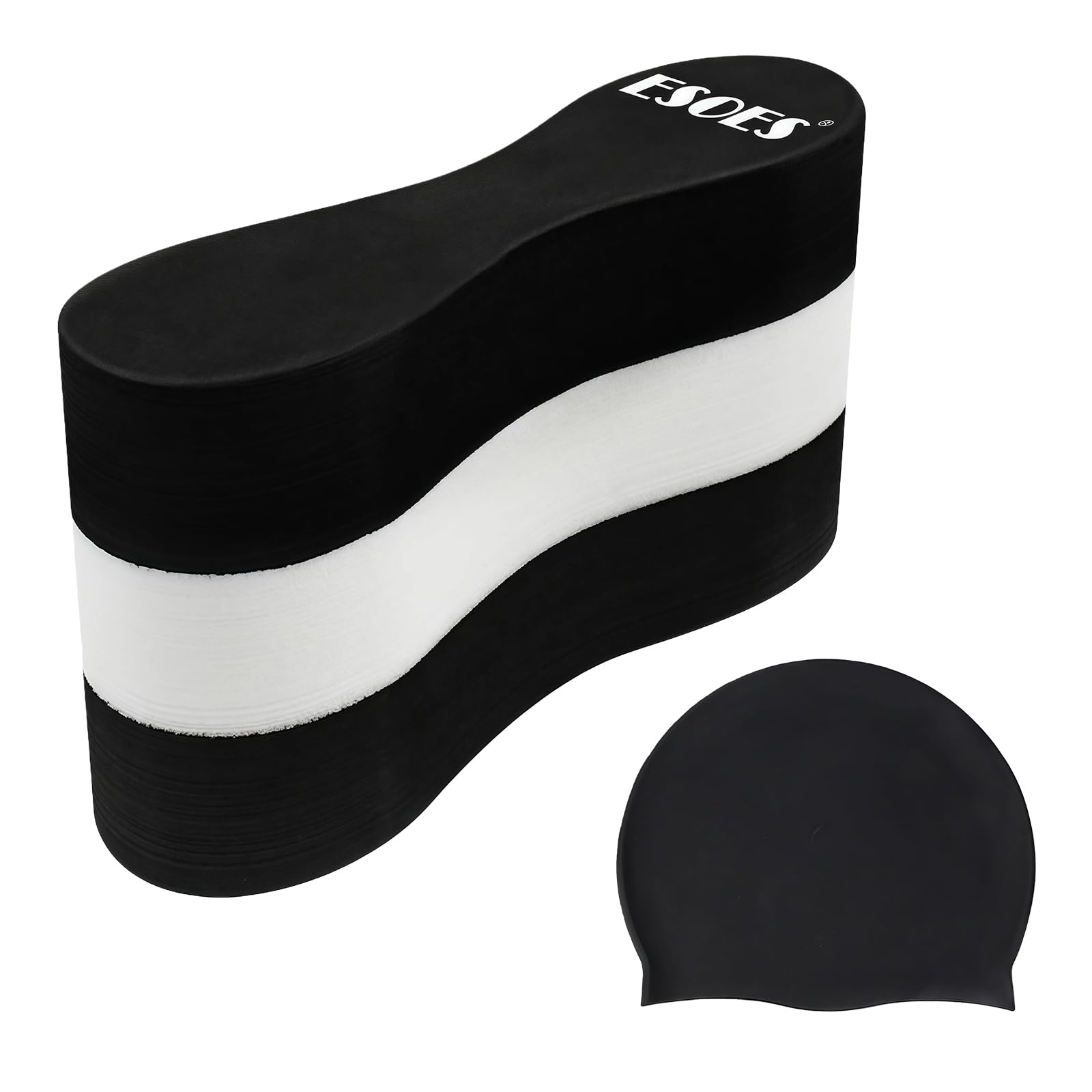 Esoes Pull Buoy Schwimmen Poolboy Trainings Ausrüstung Unisex Pullboy Schwimmhilfe für Erwachsene & Kinder Schwimmtrainingsgerät mit Badekappe (Schwarz)