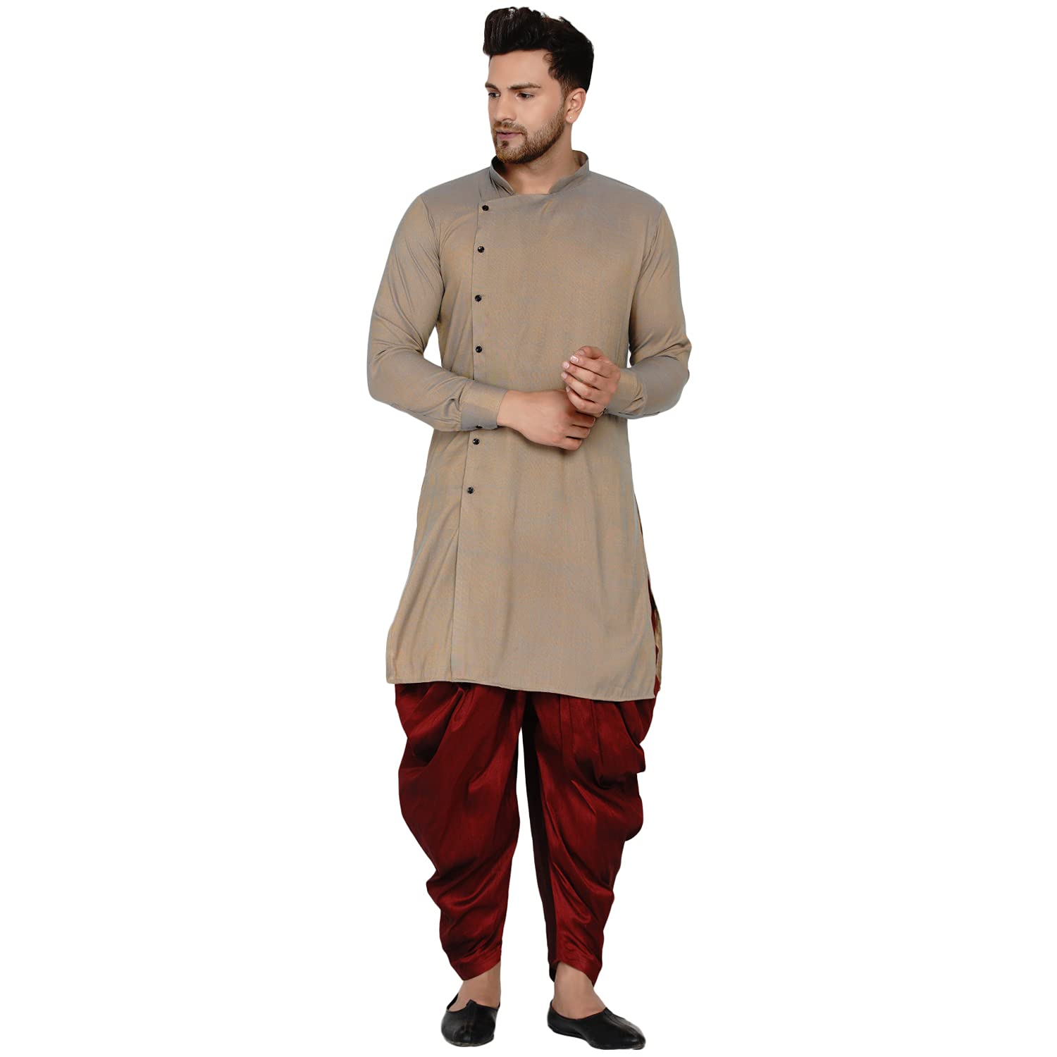 Men's Rayon Side Pattern Full Sleeve Long Straight Kurta and Dhoti Set(Beige Kurta, Maroon Dhoti, 3XL)-image-6