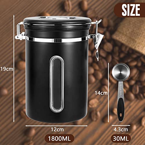 Foto von Royouzi Kaffeedosen, Kaffeedose Luftdicht, 1.8L/1800ML Kaffeebehälter Edelstahl, Kaffeebohnen Behälter mit Schaufel, Vakuum Kaffee Kaffeebohnen Aufbewahrung Vorratsdose - Schwarz