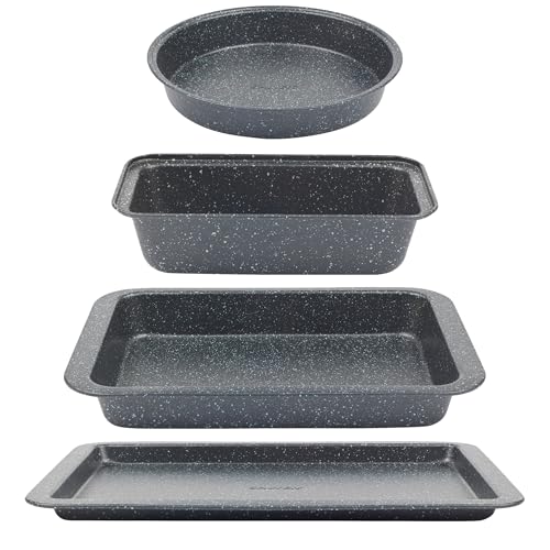 Salter COMBO-8246 Megastone 4 Piece Non-Stick Baking & Oven Tray Set - 27cm 1lb Loaf Tin, 9" Ø/24cm Round Tin, 37cm Baking Tray, 36cm Roaster Carbon Steel, Easy Clean, Oven Safe Up to 220°C