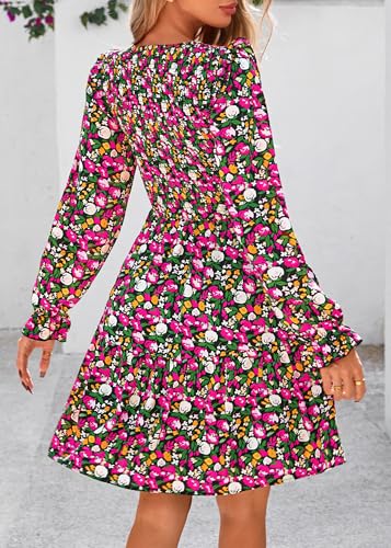 Image of KIRUNDO Long Sleeve Dress for Women 2025 Summer Fall Wedding Guest Smocked Floral Crewneck Ruffle A Line Flowy Mini Dress