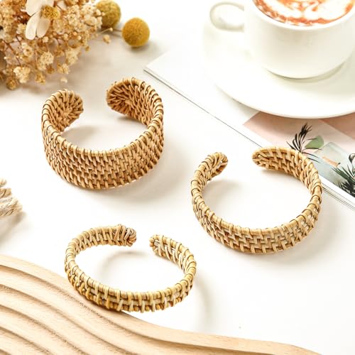 3 Pcs Handwoven Wooden Braided Rattan Knit Cuff Bracelet Adjustable Bohemian Chunky Wrap Bangle for Women Summer Ethnic Tribal Wrist Jewelry3