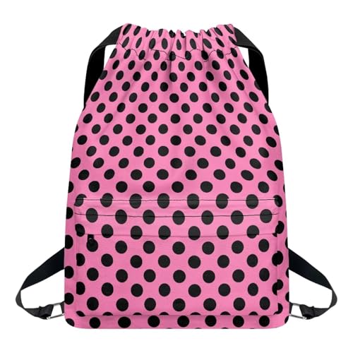 Pink Black Polka Dot Print Drawstring Backpack String Bag Rucksack Cinch Water Resistant Bags for Gym Shopping Sport Yoga