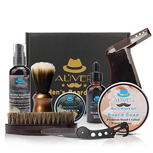 ALIVER Kit de toilettage pour barbe, huile de barbe, pinceau, peignes, baume à barbe, shampoing, pinceau, savon à barbe, kit cadeau pour homme/papa/mari