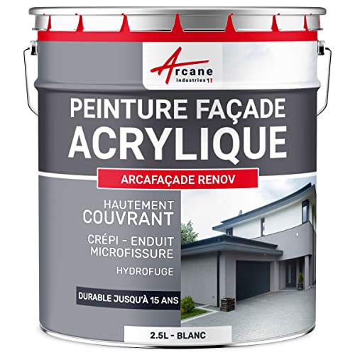 ARCANE INDUSTRIES Peinture Façade - Peinture Hydrofuge Acrylique 14 Couleurs - Dure jusqu'à 15 Ans - 2.5 L (+ ou - 15 m² en 1 Couche) Blanc