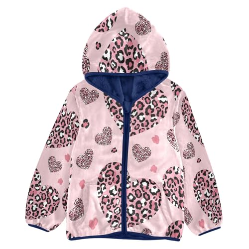 Heart Leopard Print on Pink Toddler Fleece Jacket Girl Boys Hooded Fleece Jacket Coat Warm Outwear Zip-up 3-10T